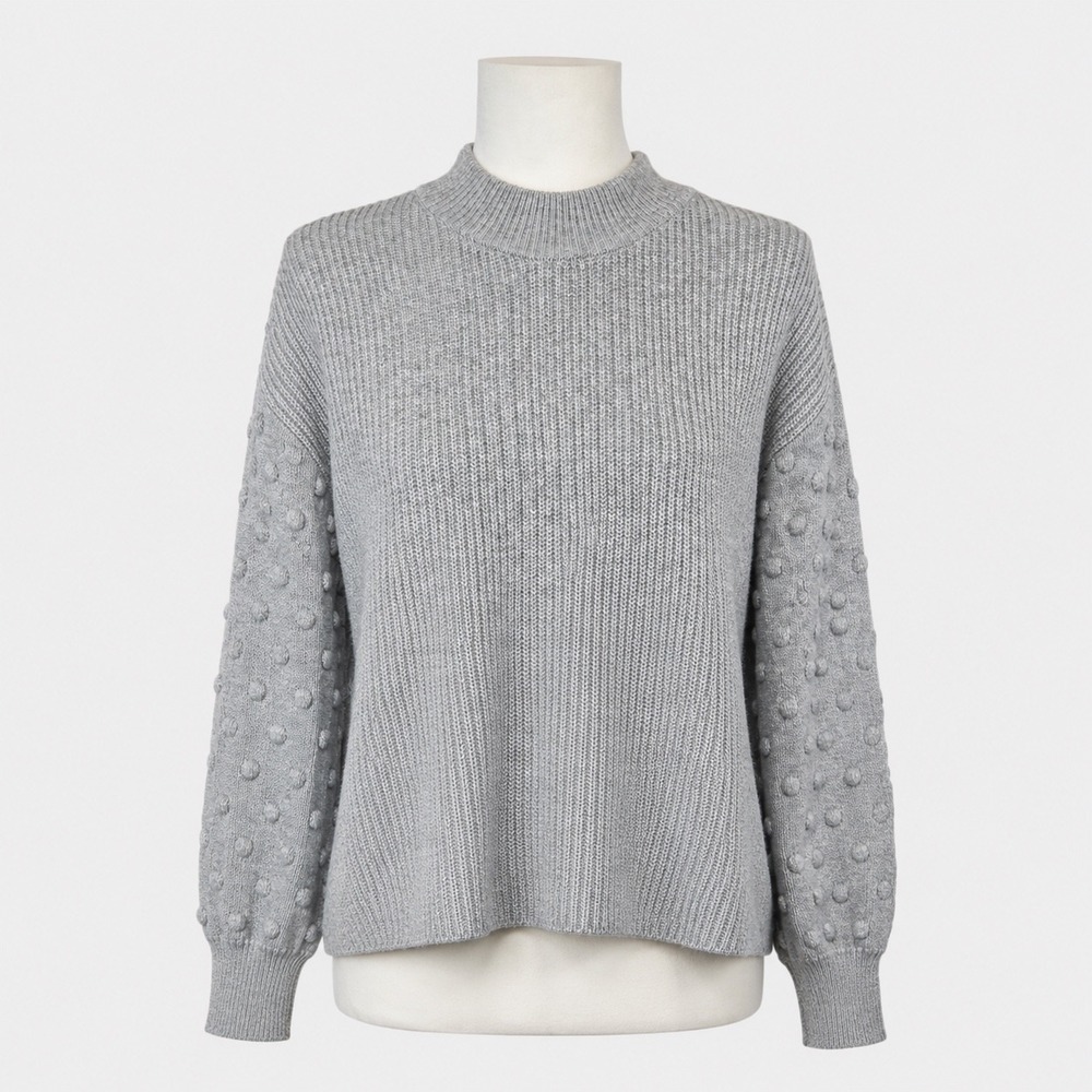 Gray Ribbed Mock Neck Sweater Women XL Popcorn Bobble Knit Sleeves Relaxed Fit
